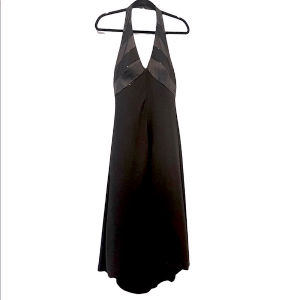 9 10‎ Elegant Black Beaded Embellished Halter Dress High Low Hem Front Slit Gown